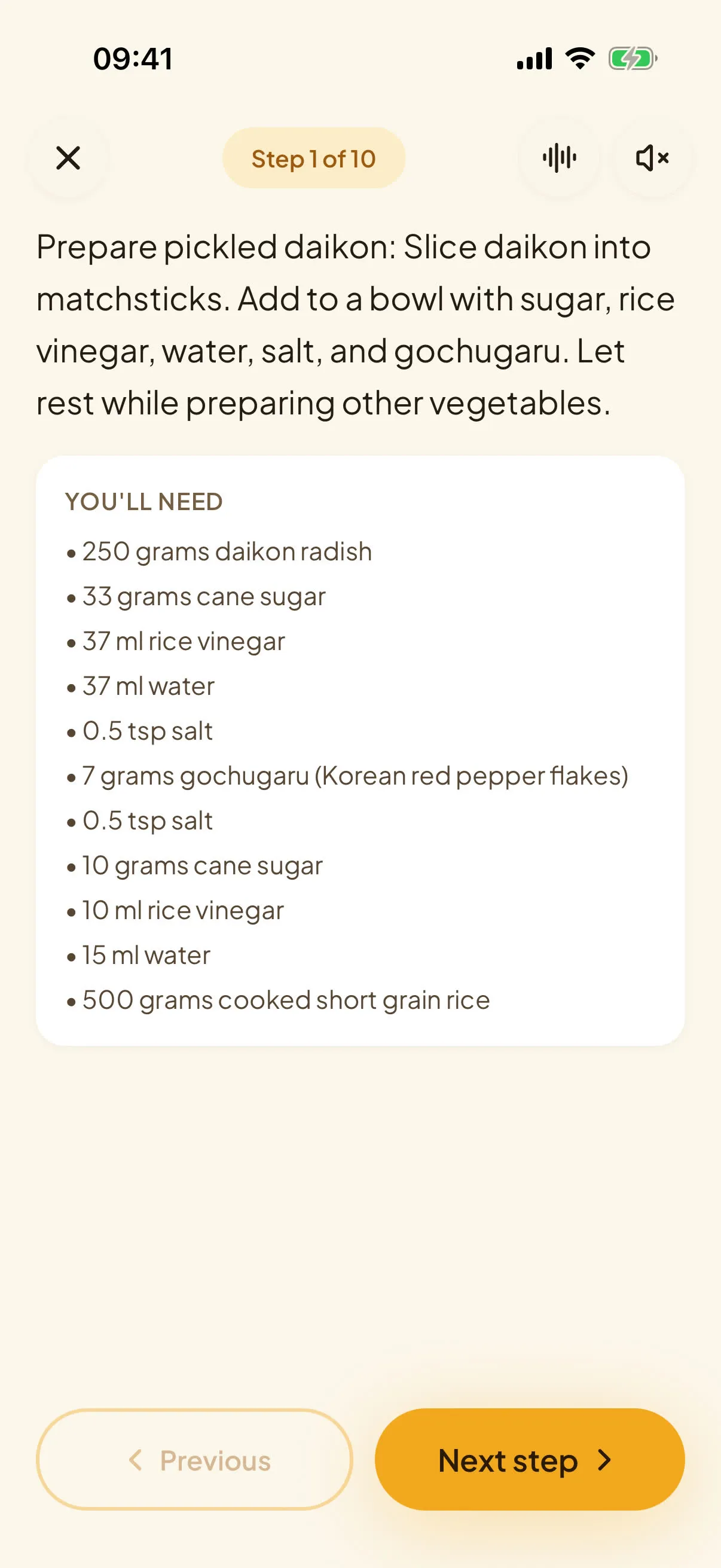 Let's Cook mode in Manjo showing one recipe step in large type.