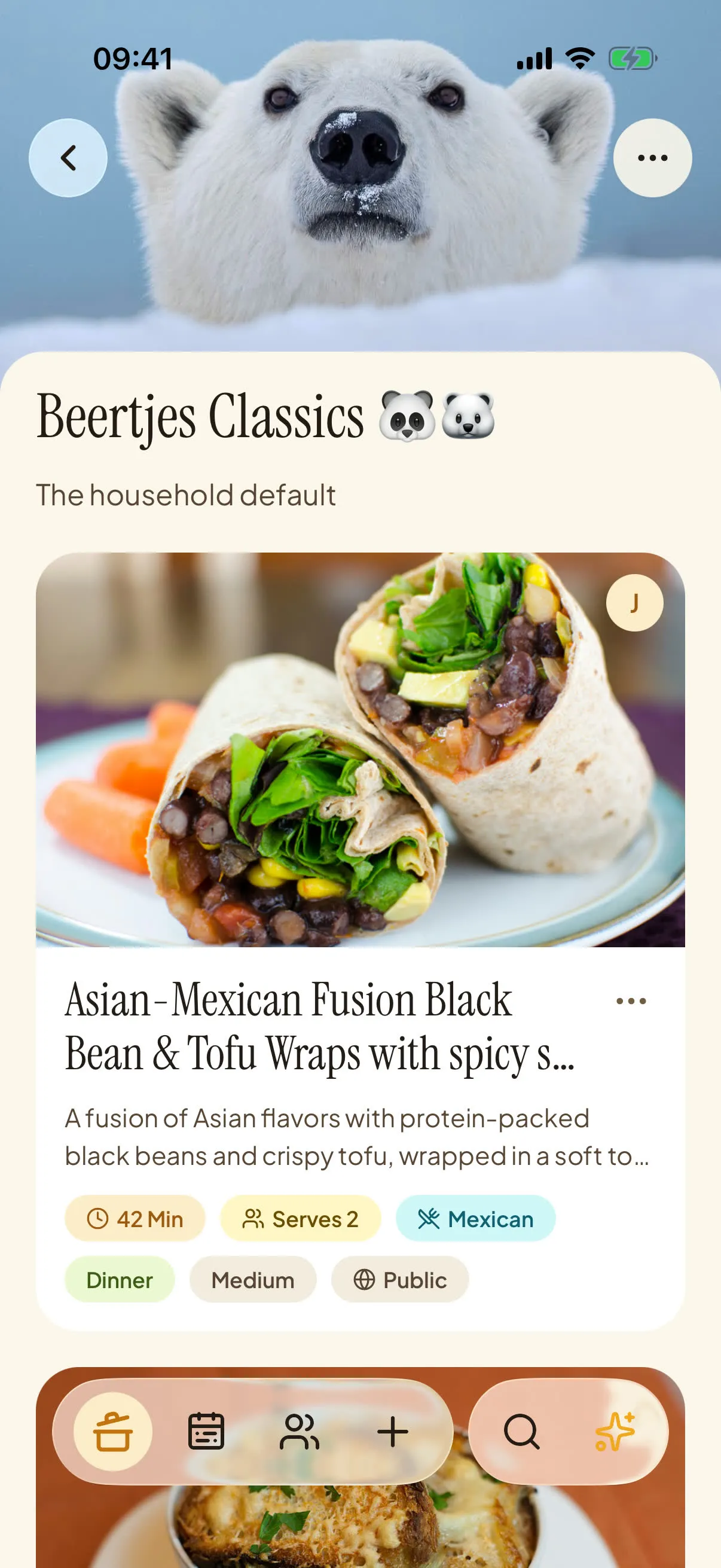 A shared household cookbook in Manjo with recipe cards, cooking times and tags.