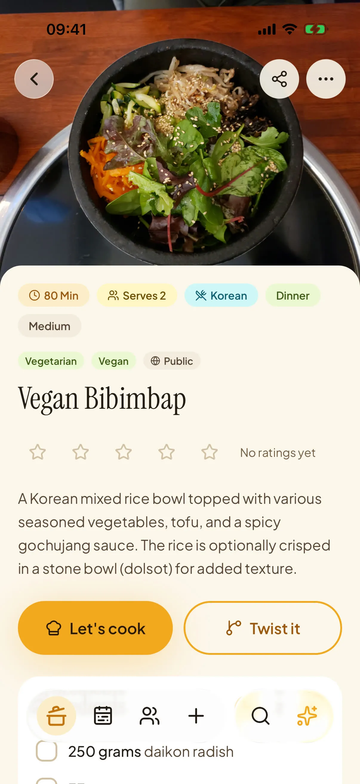A Vegan Bibimbap recipe in Manjo: photo, cooking time, servings, tags and a tickable ingredient list.